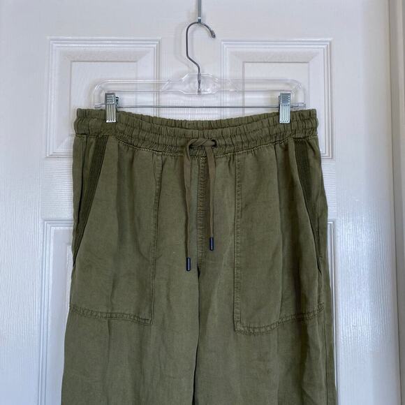 ZARA Khaki Green Linen Blend Pants High Rise Joggers Size Medium Olive Pockets - Picture 3 of 8